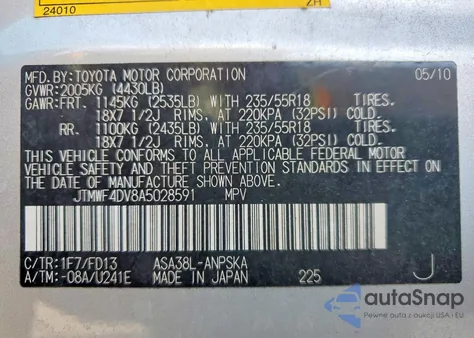 2010 Toyota Rav4 Sport из США, поврежденный, VIN JTMWF4DV8A5028591